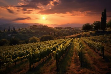 Fototapeta na wymiar Italian vineyard at sunset. Generative AI
