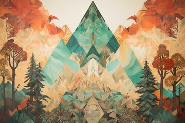 An artwork depicting a peak intertwining with a woodland. Generative AI