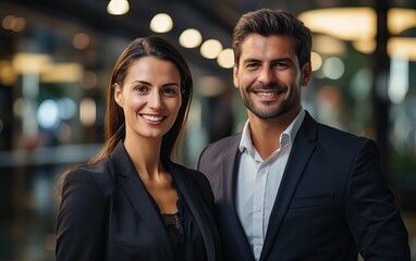 Portrait closeup of two businessmen and businesswomen partners dressed in formal suit standing outside job center during working meeting