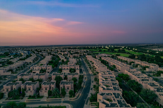 Aerial Neighborhood Horizon at Sunset