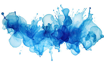 Watercolor of Blue ink or water swirl splash with little bubbles isolated on transparent png background, liquid flowing in form of wave, brush strokes, stain grunge. - obrazy, fototapety, plakaty