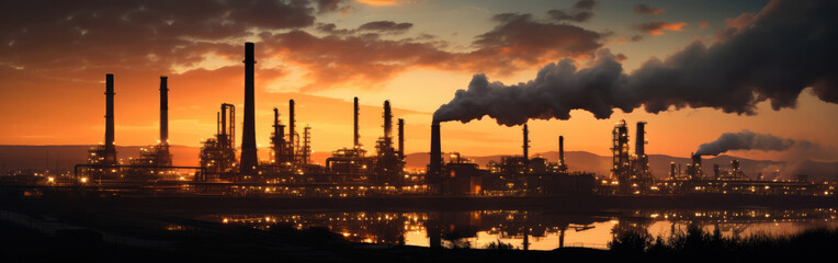 Fototapeta na wymiar Large metal processing factory with smoking chimneys at sunset.