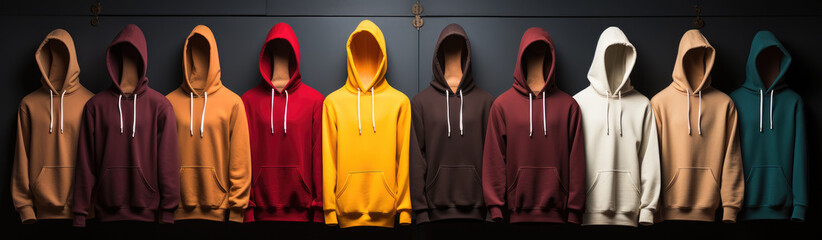 Many hoodies, black, white, blue, red, yellow colored, banner.