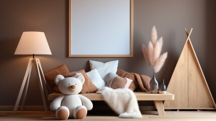 Mockup frame white in children room with natural wooden furniture, Farmhouse style interior background.