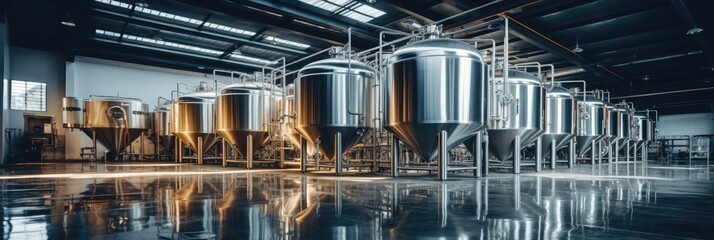 Large steel fermentation tanks in spacious hall at modern alcohol production factory.