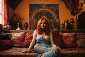 Obraz premium a photo of a gorgeous young redhead woman sitting on a couch in a living room with morocco-inspired style interior, much color contrast, orange and cyan blue