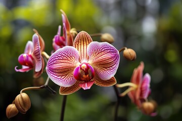 photo of orchids in focus with a blurred natural background