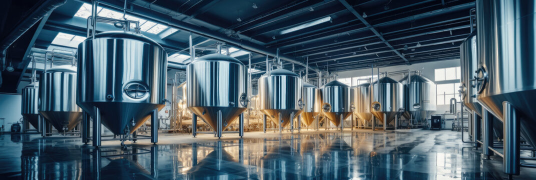 Large steel fermentation tanks in spacious hall at modern alcohol production factory.