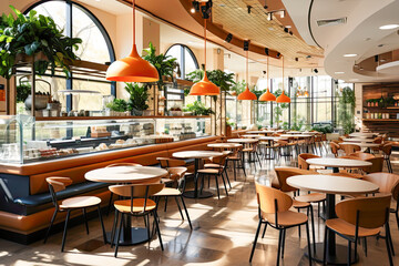 Cozy Corner of Serene and Empty Food Court Interior with plants and natural light. Comfortable interior of food hall without people. Modern eating area of food court. Dining trend - obrazy, fototapety, plakaty