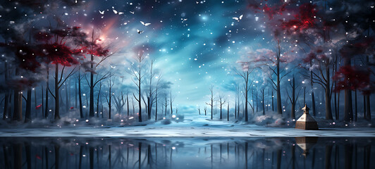 Obraz premium A snow falling from a blue sky on the blue, dark turquoise and white background, Christmas image, photorealistic illustration.