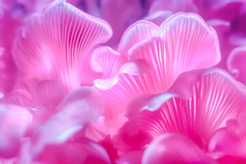 Beautiful neon oyster mushrooms macro background. Futuristic pink mushrooms. Unreal mushroom backdrop. Closeup