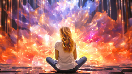 Young pretty woman in serene lotus position in front of bright colorful emotional explosion of light. Captivating combination of tranquility and euphoria. Harmony and psychological stability concept - obrazy, fototapety, plakaty