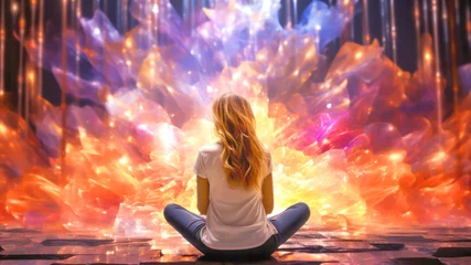 Foto op Aluminium Young pretty woman in serene lotus position in front of bright colorful emotional explosion of light. Captivating combination of tranquility and euphoria. Harmony and psychological stability concept © KRISTINA KUPTSEVICH