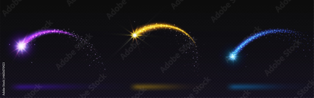 Poster shooting star neon light arc with gold glitter sparkle. purple and blue curve arch speed trail with 
