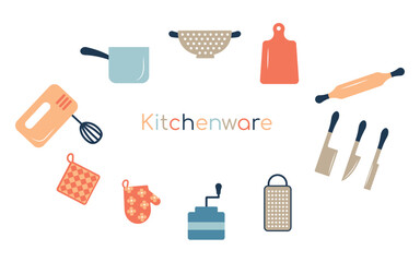 Set of kitchen tools. Collection of icons of kitchen utensils with a knife, pots, kettle, grater, rolling pin, cutting board. Cooking and dishes.