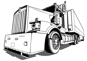 Drawing of Australian Road Truck with Trailer from Front View - Black and White Illustration, Vector