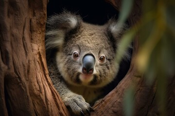 Adorable koala snuggled in a cozy tree, with big eyes and fluffy fur. Generative AI