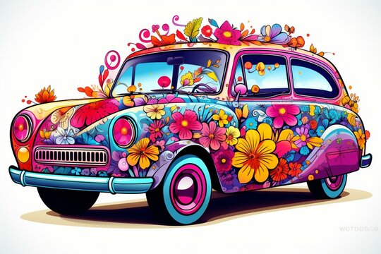 Cartoon Car With Flowery Design. Generative AI