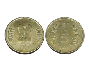 five rupees coin Indian old coin. on white background. Rupees, Indian Currency coins money, business real estate concept.