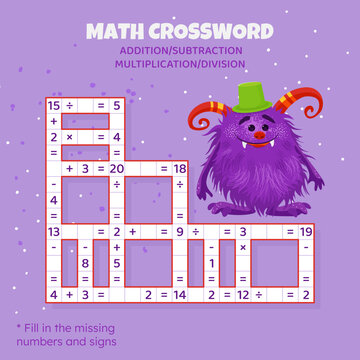 Math Crossword puzzle. Addition, subtraction, multiplication and division