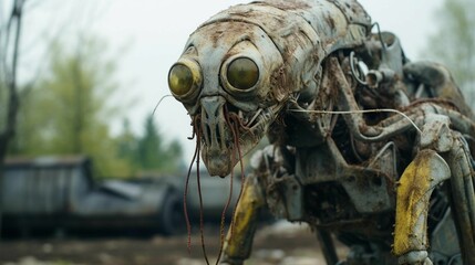 Fototapeta premium a small insect made out of broken pieces of metal, with a yellow and green