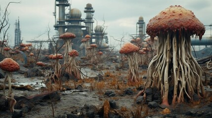 there are some weird looking mushrooms in the dirt with a fire place in the background - obrazy, fototapety, plakaty