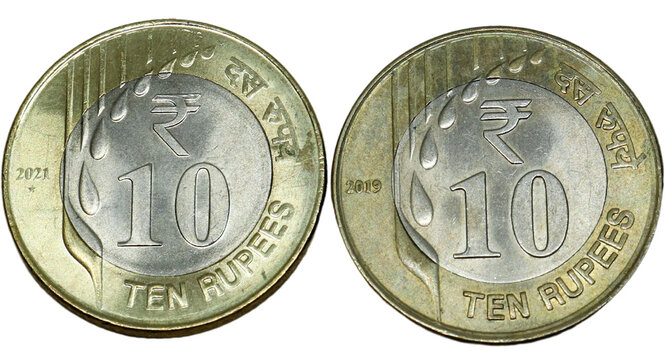 Indian ten rupees coin. on white background. Rupees, Indian Currency coins money, business real estate concept.