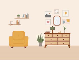 living room interior, furniture, design elements, modern home, armchair, books, lamp, mirror, paintings, shelf, vector flat style illustration