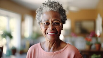 Portrait of happy senior African American woman in a nursing home. - obrazy, fototapety, plakaty