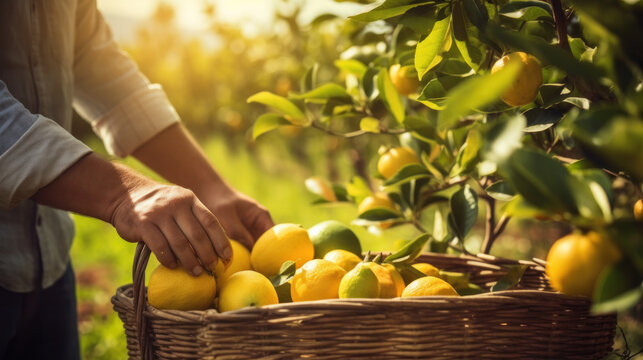 Farmer man harvesting, picking lemons from tree on sky background. Mediterranean citrus fruits, Greece, Spain.