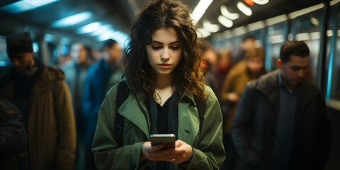 Young woman is using a mobile phone in the metro - obrazy, fototapety, plakaty