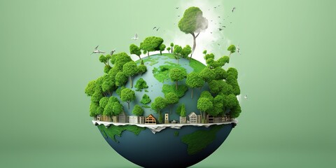 Green Earth and trees for Earth Day, greening the earth, on a green background