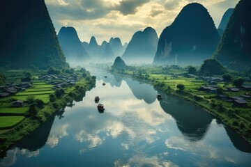 Karst mountains and river Li in Guilin, Guangxi region of China. - obrazy, fototapety, plakaty
