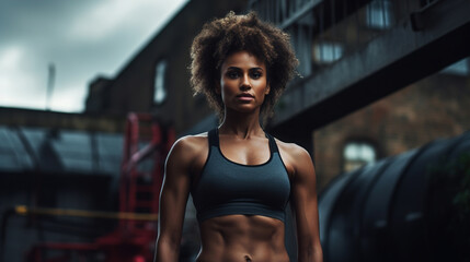 Fototapeta premium Athletic afro american woman in a tank top standing on street on a cloudy day looking at camera, workout outdoors