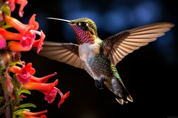 A male hummingbird hovers and sips nectar in Santa Cruz, California, USA. Generative AI - obrazy, fototapety, plakaty