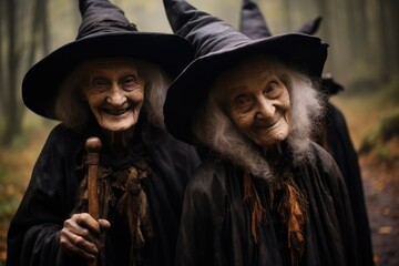 Three elderly witches in a forest, Portrait.