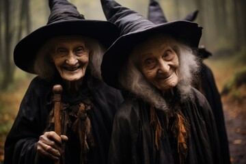 Obraz premium Three elderly witches in a forest, Portrait.