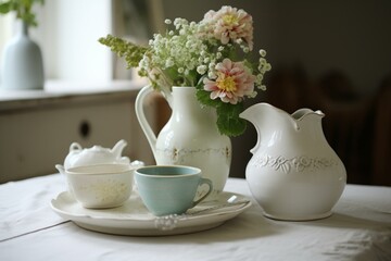 Flower vase, pitcher, dresser, plate, cup. Generative AI