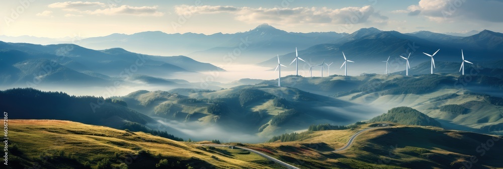 Poster wind turbine on field in hill, wind turbines generating green power.