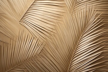 Intricate patterns formed by palm leaves stacked closely together on beige background. Natural design concepts. - obrazy, fototapety, plakaty