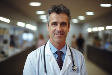 Fototapeta premium Doctor smiling, physician with medical stethoscope and coat, blur hospital background