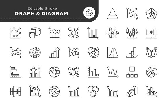 Graph, chart and diagram. Line icon set. Static analytical charts of economics, finance and business. Vector outline icon pack. Web icons in linear style. Collection pictogram