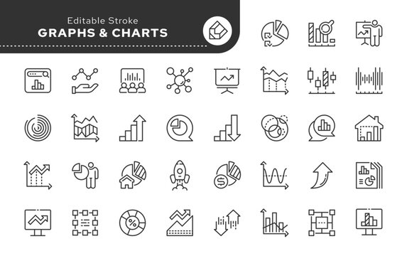 Graph, chart and diagram. Line icon set. Static analytical charts of economics, finance and business. Vector outline icon pack. Web icons in linear style. Collection pictogram
