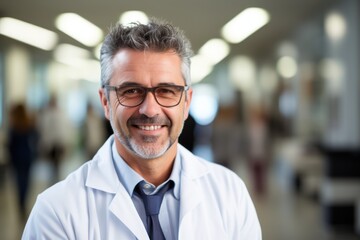 Doctor smiling, experienced physician with medical stethoscope and coat, blur hospital background