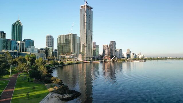 Aerial view of Perth skyline at sunset from Swan River