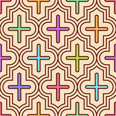 Obraz premium Arabic geometric seamless pattern. Quatrefoil vector pattern. Lattice pattern. Classic style. Oriental traditional pattern with repeated mosaic tiles. Moroccan crosses motif. Color vector background.