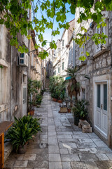 Fototapeta na wymiar Amazing old street in historic town of Orebic on Peljsac peninsula, Dalmatia, Croatia