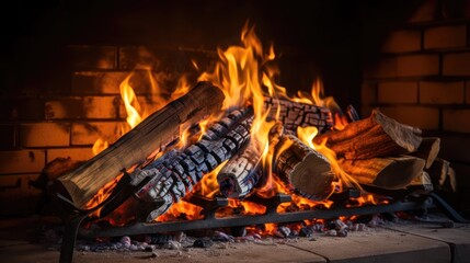 Fireplace with burning logs closeup view