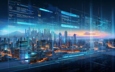 Fototapeta na wymiar Futuristic cybernetic city background, city at night
