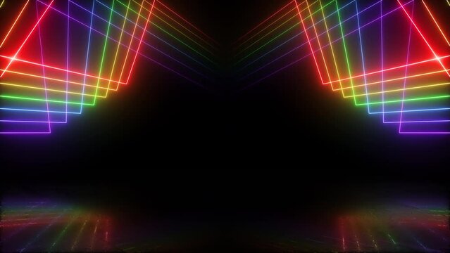 3D render, Abstract neon background with glowing laser beams rainbow color. Seamless looping animation